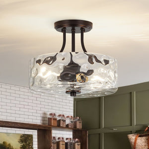 LightFixturesUSA - Round Drum Hammered Glass Semi Flush Mount - Ceiling Light - Oil - Rubbed Bronze (Exclusive Offer) - 