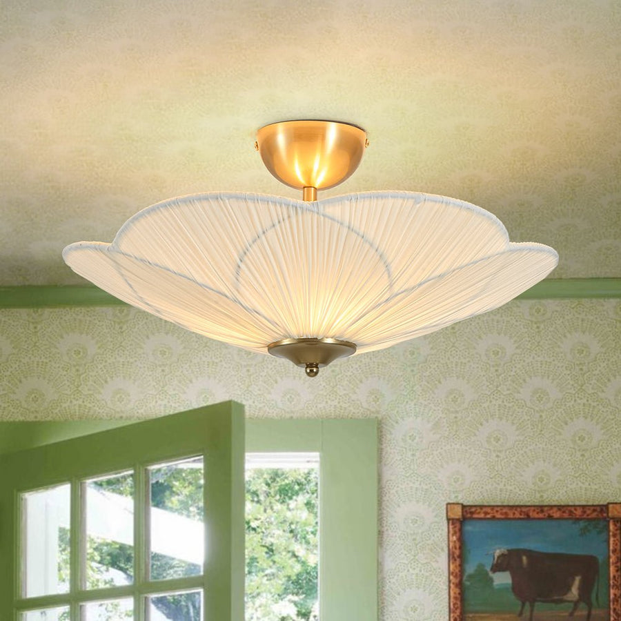 LightFixturesUSA - Round Pleated Flower White Fabric Semi Flush Mount - Ceiling Light - 19.5 in - 