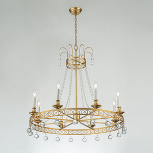 LightFixturesUSA - Royal Brass Crown Candle Style Crystal Drops Round Chandelier - Chandelier - Brass - 