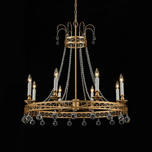 LightFixturesUSA - Royal Brass Crown Candle Style Crystal Drops Round Chandelier - Chandelier - Brass - 