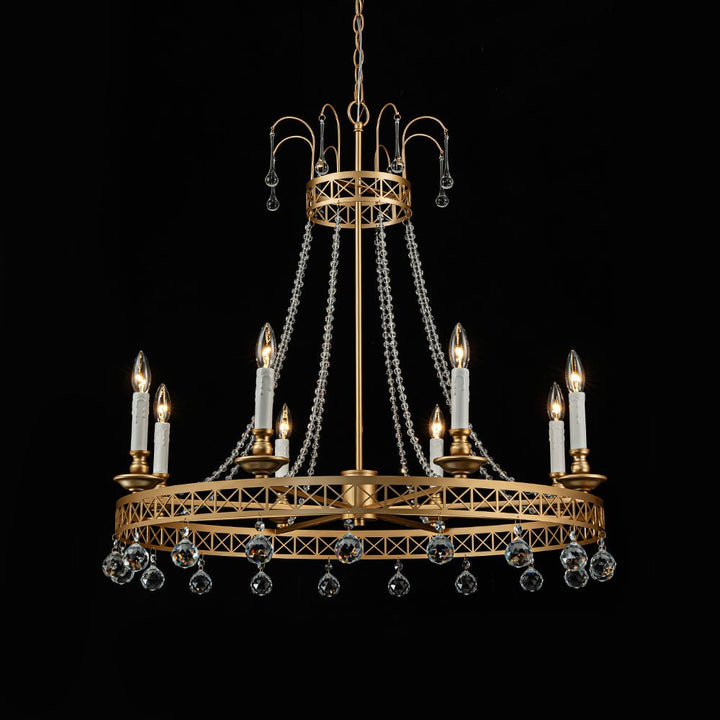 LightFixturesUSA - Royal Brass Crown Candle Style Crystal Drops Round Chandelier - Chandelier - Brass - 