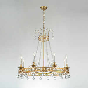 LightFixturesUSA - Royal Brass Crown Candle Style Crystal Drops Round Chandelier - Chandelier - Brass - 