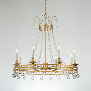 LightFixturesUSA - Royal Brass Crown Candle Style Crystal Drops Round Chandelier - Chandelier - Brass - 