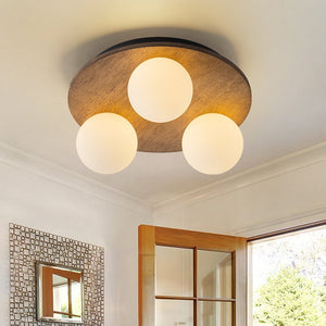 LightFixturesUSA - Rural Frosted Glass Globe Wooden Round Semi Flush Mount - Ceiling Light - 3 - Lt - 