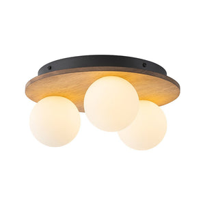 LightFixturesUSA - Rural Frosted Glass Globe Wooden Round Semi Flush Mount - Ceiling Light - 3 - Lt - 