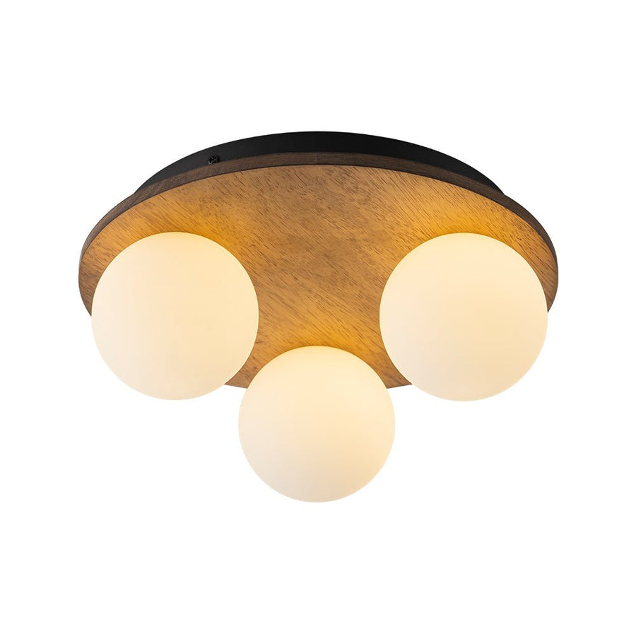 LightFixturesUSA - Rural Frosted Glass Globe Wooden Round Semi Flush Mount - Ceiling Light - 3 - Lt - 