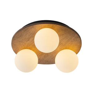 LightFixturesUSA - Rural Frosted Glass Globe Wooden Round Semi Flush Mount - Ceiling Light - 3 - Lt - 