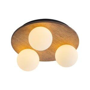 LightFixturesUSA - Rural Frosted Glass Globe Wooden Round Semi Flush Mount - Ceiling Light - 3 - Lt - 