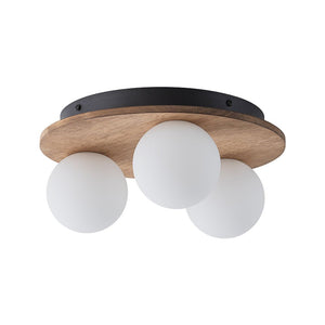 LightFixturesUSA - Rural Frosted Glass Globe Wooden Round Semi Flush Mount - Ceiling Light - 3 - Lt - 