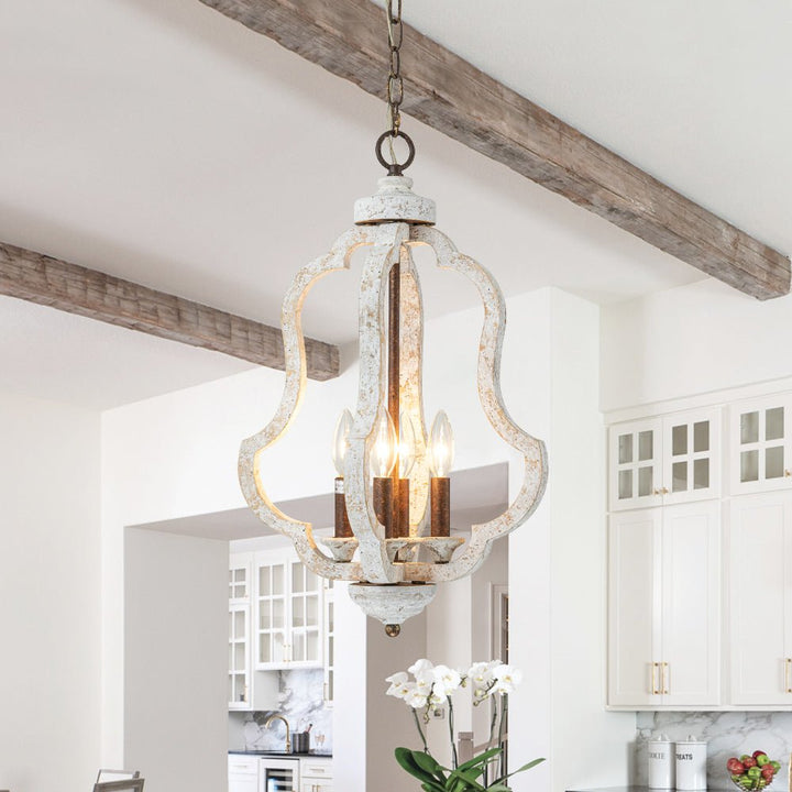 LightFixturesUSA - Rustic 4 - Light Whitewashed Wood Cage Pendant Light - Pendant Light - Whitewashed Wood - 