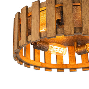 LightFixturesUSA-Rustic Aged Oak Wood Fence Drum Cage Semi Flush Mount-Ceiling Light-17 in-