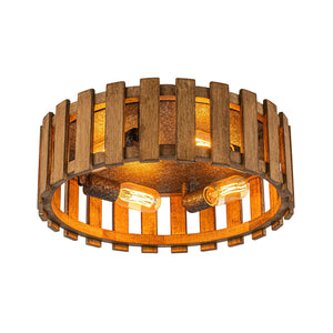 LightFixturesUSA-Rustic Aged Oak Wood Fence Drum Cage Semi Flush Mount-Ceiling Light-17 in-