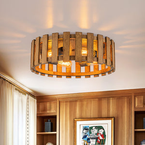 LightFixturesUSA-Rustic Aged Oak Wood Fence Drum Cage Semi Flush Mount-Ceiling Light-17 in-