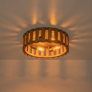 LightFixturesUSA-Rustic Aged Oak Wood Fence Drum Cage Semi Flush Mount-Ceiling Light-17 in-