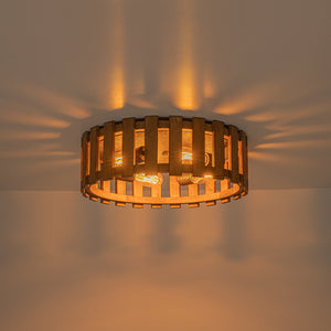 LightFixturesUSA-Rustic Aged Oak Wood Fence Drum Cage Semi Flush Mount-Ceiling Light-17 in-