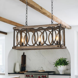 LightFixturesUSA - Rustic Aged Wooden Rectangle Box Kitchen Island Pendant - Chandelier - Rustic - 