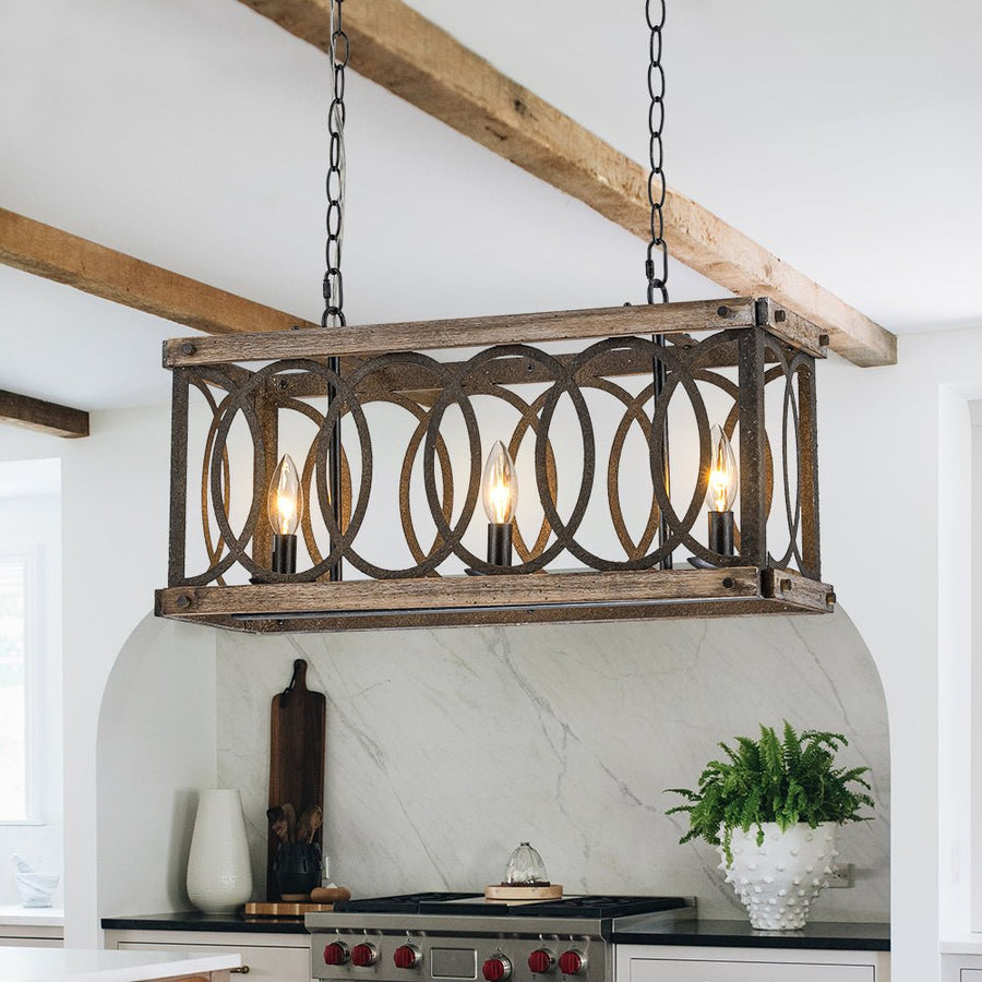 LightFixturesUSA - Rustic Aged Wooden Rectangle Box Kitchen Island Pendant - Chandelier - Rustic - 