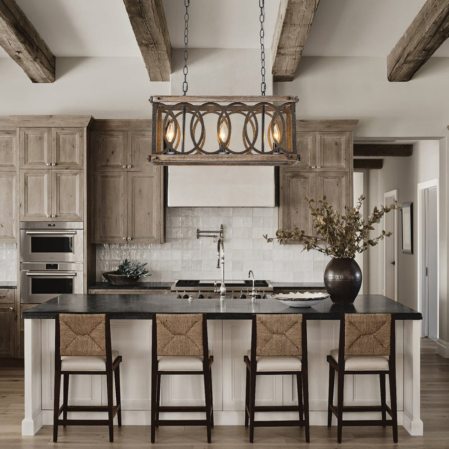 LightFixturesUSA - Rustic Aged Wooden Rectangle Box Kitchen Island Pendant - Chandelier - Rustic - 