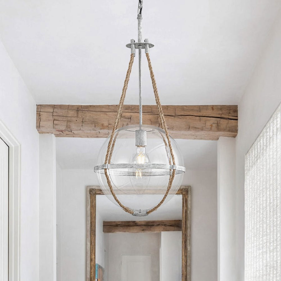 LightFixturesUSA - Rustic Hemp Rope Distressed White Glass Globe Pendant Light - Pendant Light - 12.6 in - 