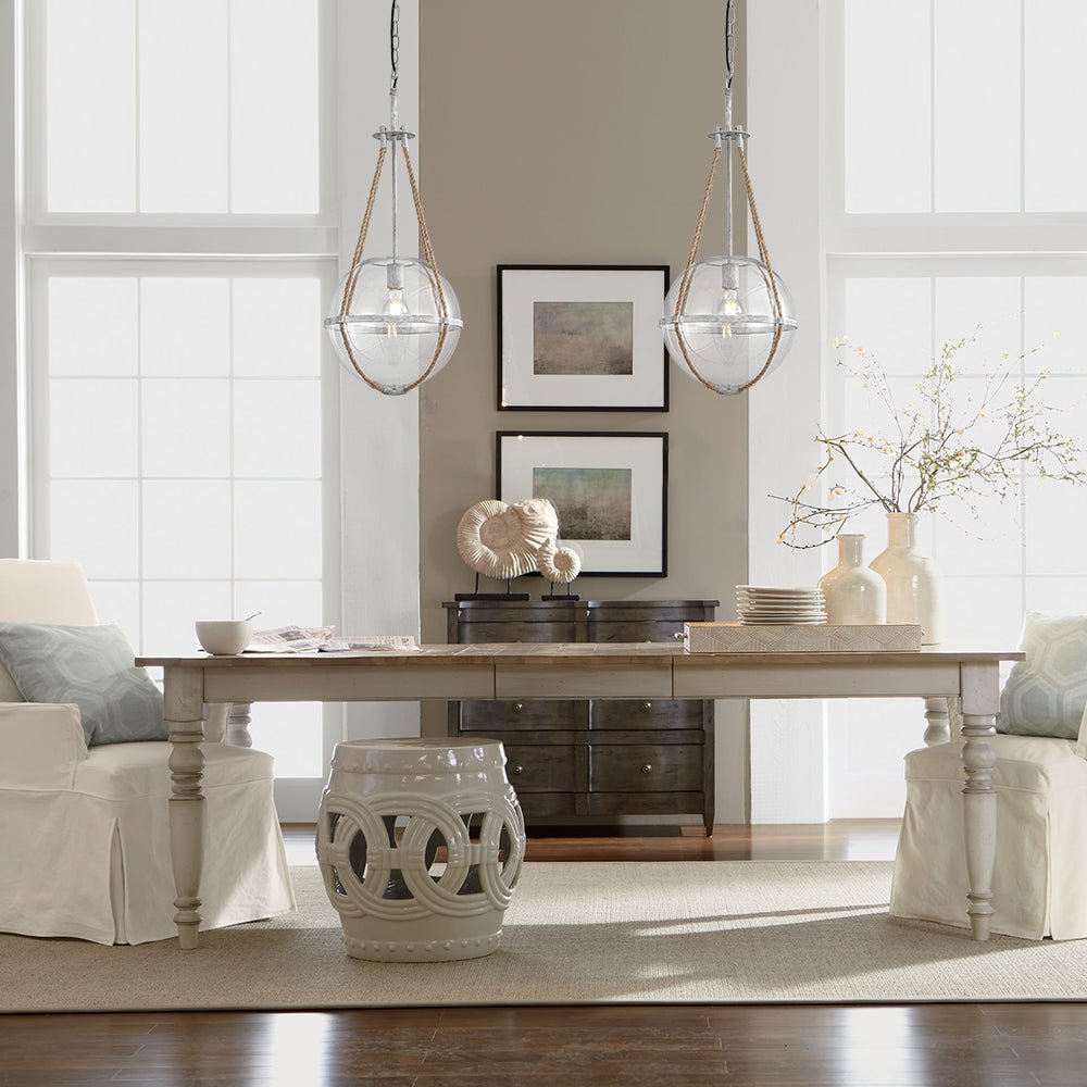 Rustic Hemp Rope Distressed White Glass Globe Pendant LightFixturesUSA