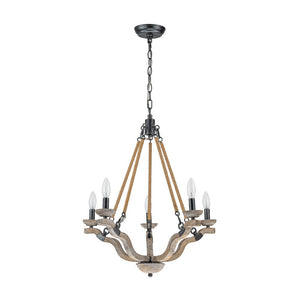 LightFixturesUSA - Rustic Hemp Rope Wooden Round Candle Chandelier - Chandelier - Distressed - 