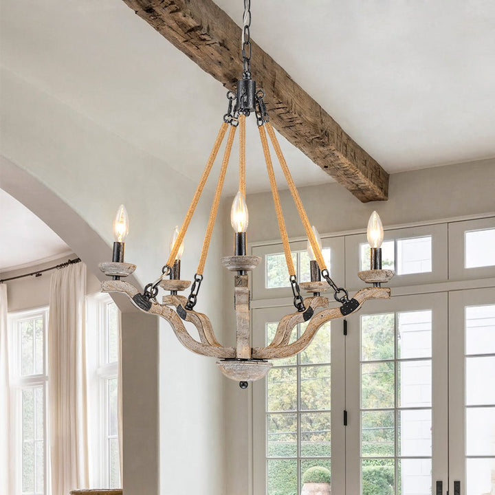 LightFixturesUSA - Rustic Hemp Rope Wooden Round Candle Chandelier - Chandelier - Distressed - 