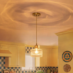 LightFixturesUSA-Scandinavian 1-Light Fluted Glass Round Drum Kitchen Pendant-Pendant Light-Transparent-