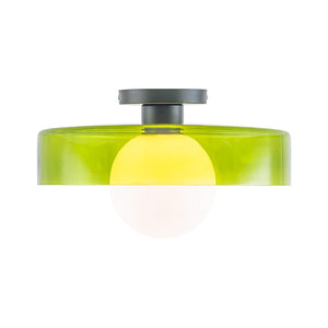 LightFixturesUSA-Scandinavian Lime Green Glass Round Drum Semi Flush Mount-Ceiling Light-13.8 in-