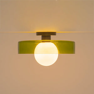 LightFixturesUSA-Scandinavian Lime Green Glass Round Drum Semi Flush Mount-Ceiling Light-13.8 in-