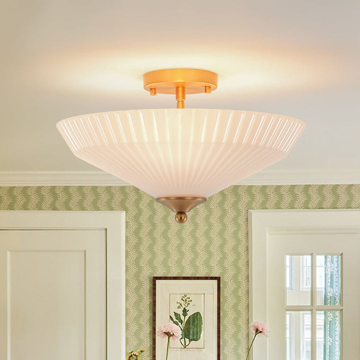 LightFixturesUSA - Sculptural Shine Opal Glass Pleated Cone Semi Flush Mount - Ceiling Light - 15.7 in - 