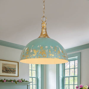 LightFixturesUSA - Shabby Chic Distressed Gilded Patina Teal Dome Pendant Light - Pendant Light - 15.7 in - 