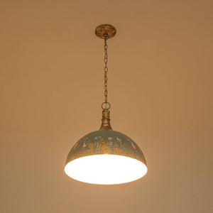 LightFixturesUSA - Shabby Chic Distressed Gilded Patina Teal Dome Pendant Light - Pendant Light - 15.7 in - 