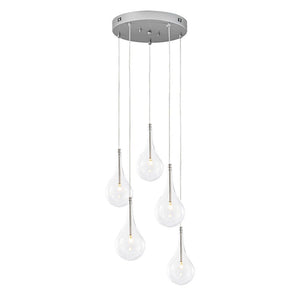 LightFixturesUSA - Silver 5 - Light Clear Glass Teardrop Cluster Pendant Light - Chandelier - Silver - 