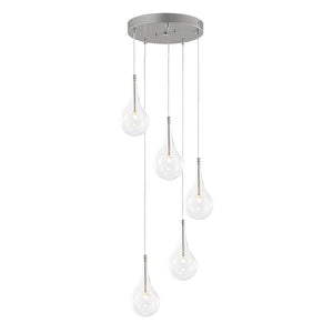 LightFixturesUSA - Silver 5 - Light Clear Glass Teardrop Cluster Pendant Light - Chandelier - Silver - 