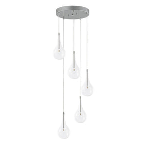 LightFixturesUSA - Silver 5 - Light Clear Glass Teardrop Cluster Pendant Light - Chandelier - Silver - 