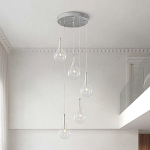 LightFixturesUSA - Silver 5 - Light Clear Glass Teardrop Cluster Pendant Light - Chandelier - Silver - 