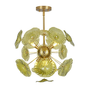 LightFixturesUSA - Summer Art Deco Bloom Green Lotus Leaf Sunburst Chandelier - Chandelier - Brass - 