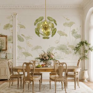 LightFixturesUSA - Summer Art Deco Bloom Green Lotus Leaf Sunburst Chandelier - Chandelier - Brass - 