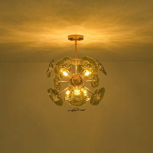 LightFixturesUSA - Summer Art Deco Bloom Green Lotus Leaf Sunburst Chandelier - Chandelier - Brass - 