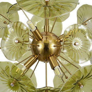 LightFixturesUSA - Summer Art Deco Bloom Green Lotus Leaf Sunburst Chandelier - Chandelier - Brass - 