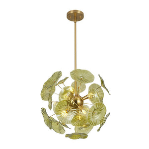 LightFixturesUSA - Summer Art Deco Bloom Green Lotus Leaf Sunburst Chandelier - Chandelier - Brass - 