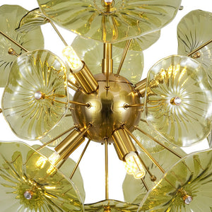 LightFixturesUSA - Summer Art Deco Bloom Green Lotus Leaf Sunburst Chandelier - Chandelier - Brass - 
