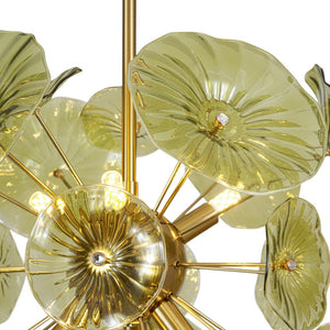 LightFixturesUSA - Summer Art Deco Bloom Green Lotus Leaf Sunburst Chandelier - Chandelier - Brass - 