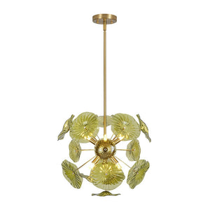 LightFixturesUSA - Summer Art Deco Bloom Green Lotus Leaf Sunburst Chandelier - Chandelier - Brass - 