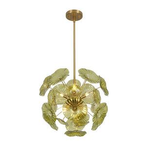 LightFixturesUSA - Summer Art Deco Bloom Green Lotus Leaf Sunburst Chandelier - Chandelier - Brass - 