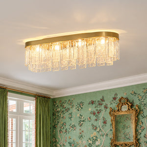 LightFixturesUSA-Tiered Hammered Water Glass Linear Flush Mount Ceiling Light-Ceiling Light-Brass-