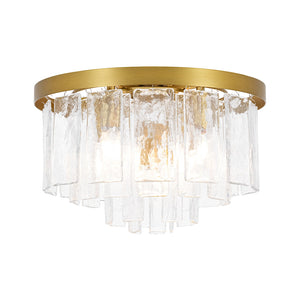 LightFixturesUSA-Tiered Hammered Water Glass Round Flush Mount Ceiling Light-Ceiling Light-Brass-