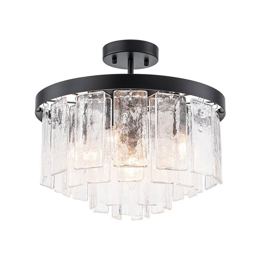 LightFixturesUSA - Tiered Hammered Water Glass Round Semi Flush Mount - Ceiling Light - Black - 