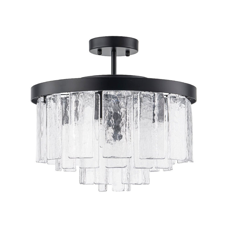 LightFixturesUSA - Tiered Hammered Water Glass Round Semi Flush Mount - Ceiling Light - Black - 