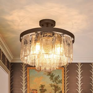 LightFixturesUSA-Tiered Hammered Water Glass Round Semi Flush Mount-Ceiling Light-Black-